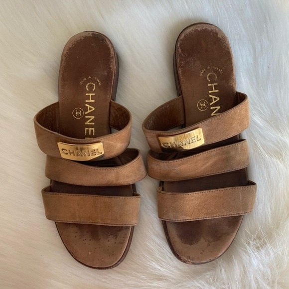 Chanel Vintage Gold Logo Plate Suede Slides 35-36